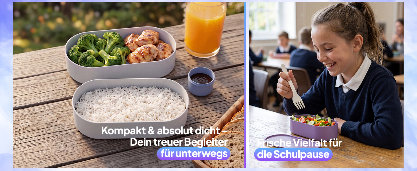 Pooni Lunchbox 1480 ml, auslaufsicher Bento Box mit 2 Fächern, Besteck, Soßendose und Elastikband, BPA-frei und mikrowellengeeignet-4