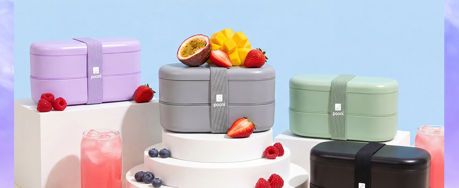 Pooni Lunchbox 1480 ml, auslaufsicher Bento Box mit 2 Fächern, Besteck, Soßendose und Elastikband, BPA-frei und mikrowellengeeignet-5