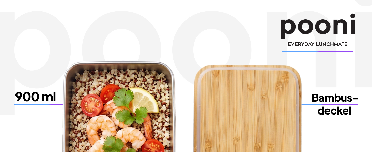 Pooni Lunchbox Edelstahl 900 ml, auslaufsichere Bento Box mit Bambusdeckel, Silikondichtung und Elastikband, kompakt für unterwegs-1