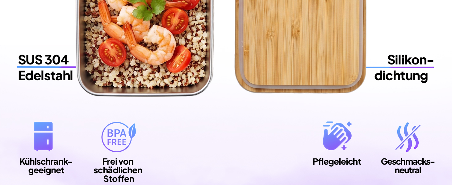 Pooni Lunchbox Edelstahl 900 ml, auslaufsichere Bento Box mit Bambusdeckel, Silikondichtung und Elastikband, kompakt für unterwegs-2
