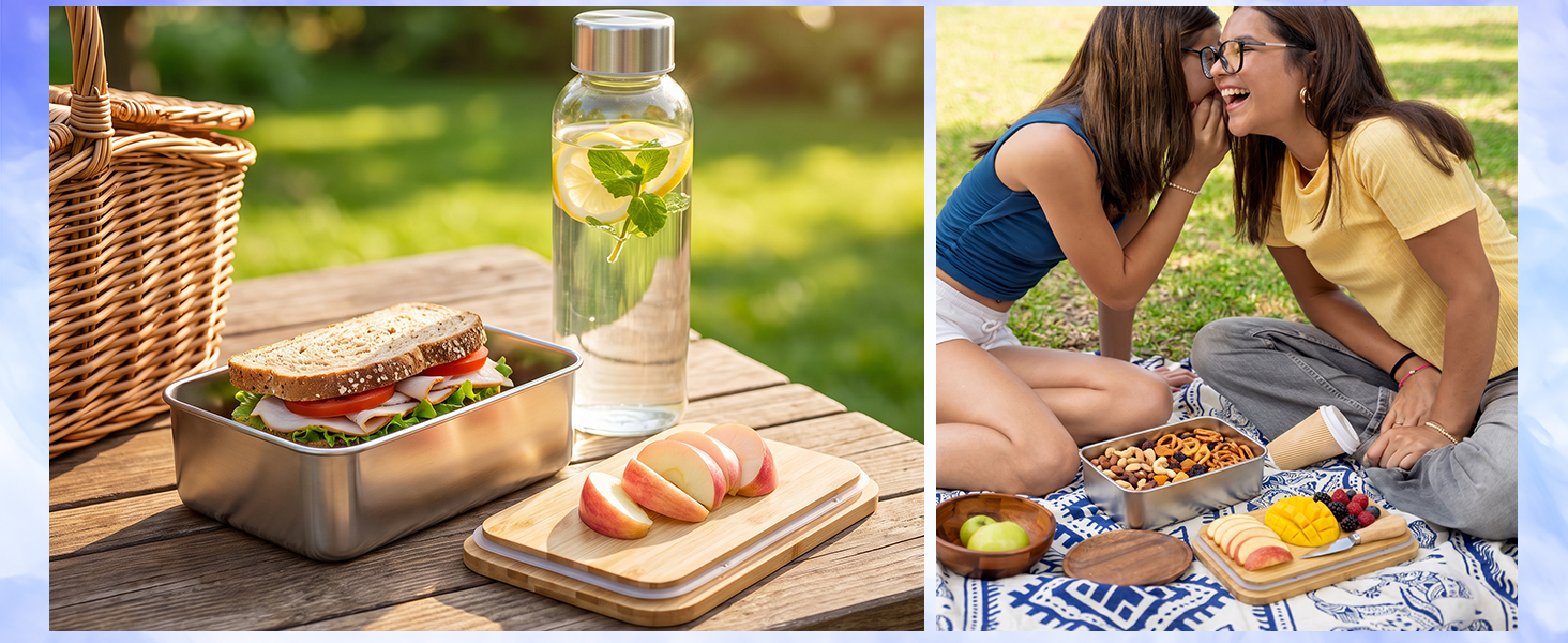Pooni Lunchbox Edelstahl 900 ml, auslaufsichere Bento Box mit Bambusdeckel, Silikondichtung und Elastikband, kompakt für unterwegs-4