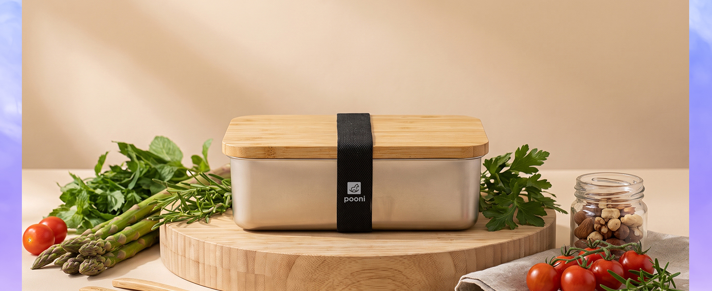 Pooni Lunchbox Edelstahl 900 ml, auslaufsichere Bento Box mit Bambusdeckel, Silikondichtung und Elastikband, kompakt für unterwegs-5
