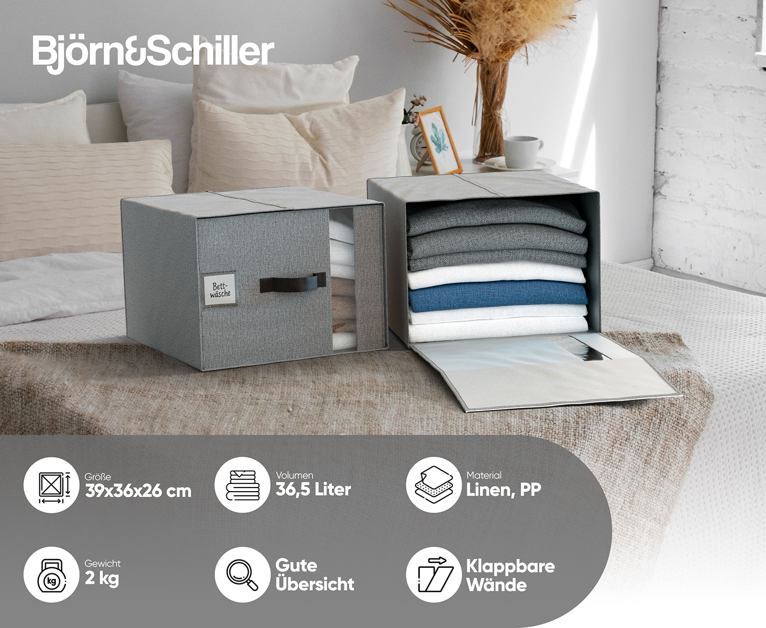 Björn&Schiller Aufbewahrungstasche – 37L 39×36×26 cm, mit Sichtfenster, Kleideraufbewahrung und Organisation, Leinenstoff, grau-1