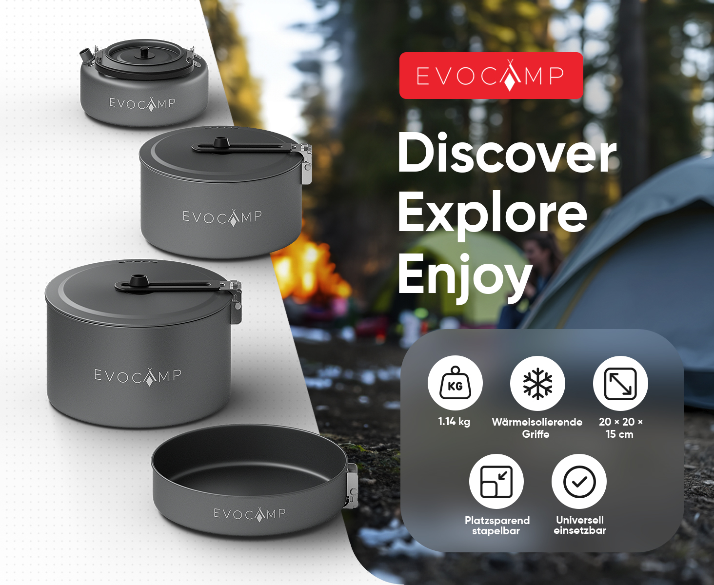 EVOCAMP Camping Kochgeschirr Set 4-teilig Outdoor Geschirr Set aus Aluminium, leichtes stapelbares Camping Geschirr mit Klappgriffen und Tragetasche-1