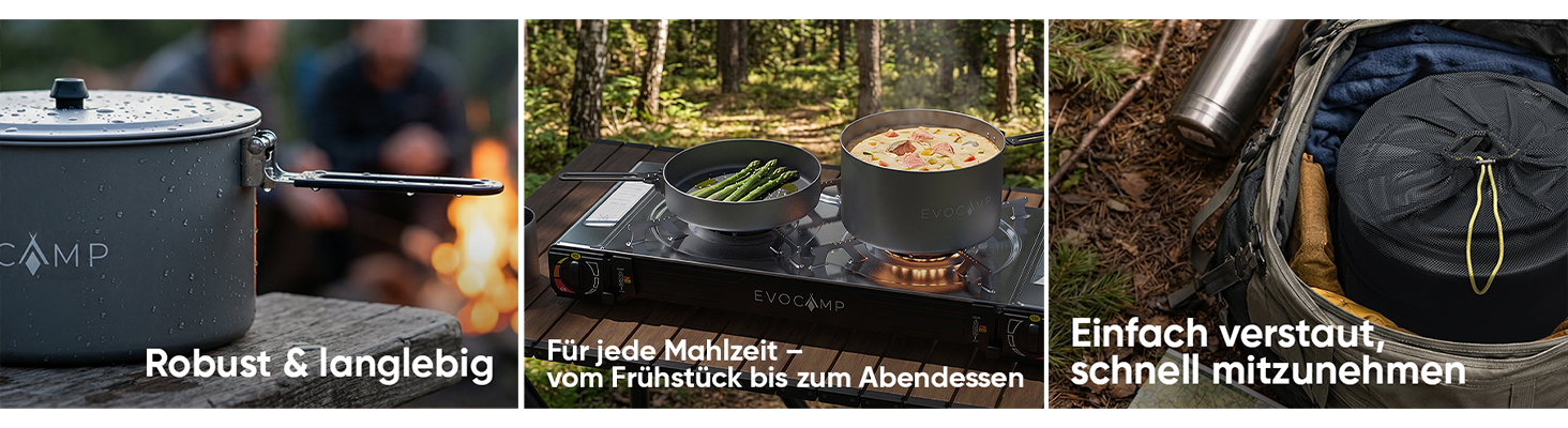 EVOCAMP Camping Kochgeschirr Set 4-teilig Outdoor Geschirr Set aus Aluminium, leichtes stapelbares Camping Geschirr mit Klappgriffen und Tragetasche-2