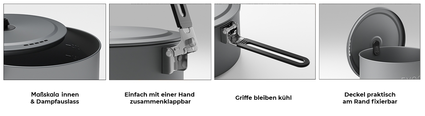 EVOCAMP Camping Kochgeschirr Set 4-teilig Outdoor Geschirr Set aus Aluminium, leichtes stapelbares Camping Geschirr mit Klappgriffen und Tragetasche-3