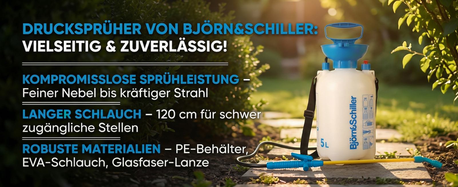 Björn&Schiller Drucksprüher 5 Liter, Gartenspritze mit langem Schlauch und Sprühlanze, Messskala und Schultergurt, für Haus und Garten, blau-weiß-4