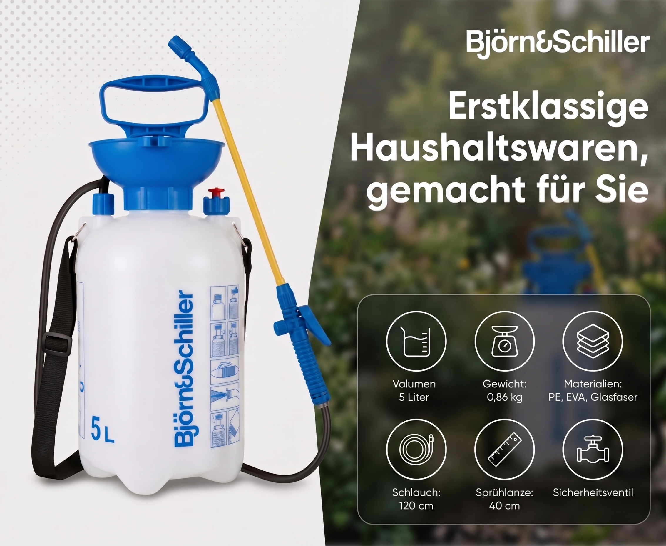 Björn&Schiller Drucksprüher 5 Liter, Gartenspritze mit langem Schlauch und Sprühlanze, Messskala und Schultergurt, für Haus und Garten, blau-weiß-1