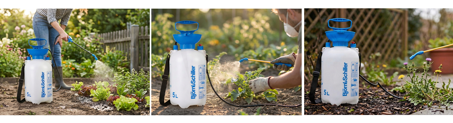 Björn&Schiller Drucksprüher 5 Liter, Gartenspritze mit langem Schlauch und Sprühlanze, Messskala und Schultergurt, für Haus und Garten, blau-weiß-2