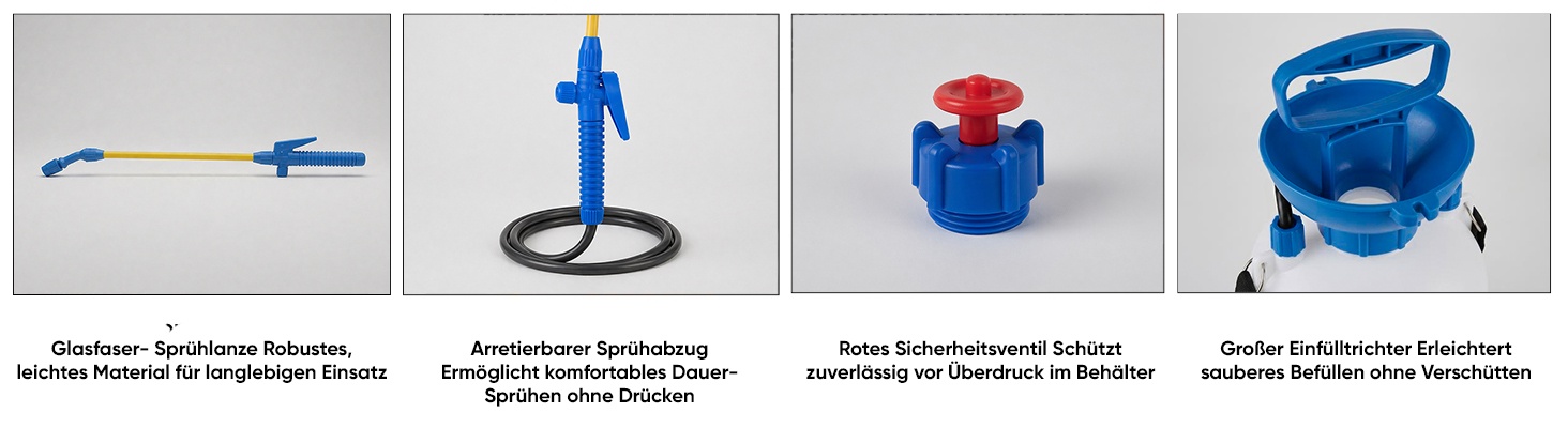 Björn&Schiller Drucksprüher 5 Liter, Gartenspritze mit langem Schlauch und Sprühlanze, Messskala und Schultergurt, für Haus und Garten, blau-weiß-3