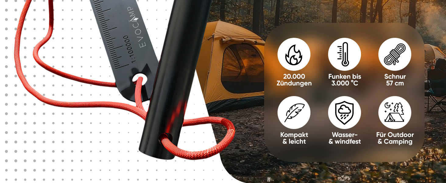 EVOCAMP Feuerstarter 8 cm, leicht 40 g, robust, langlebig, mit Halteschnur, Bushcraft, Survival, Abenteuer, Outdoor-2