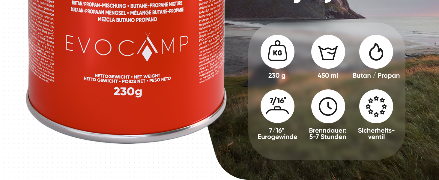 EVOCAMP Schraubkartusche 230g mit 7/16 Gewinde, Gaskartusche EN 417 für Campingkocher, Gasheizung, Gaslampen und Gasgrill-2