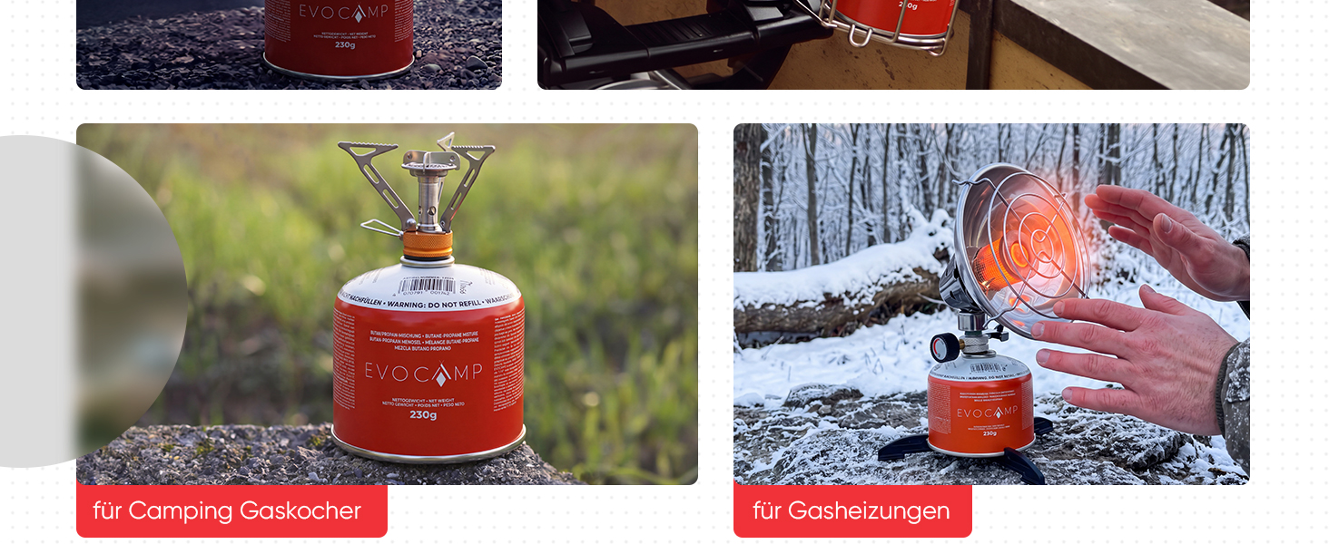 EVOCAMP Schraubkartusche 230g mit 7/16 Gewinde, Gaskartusche EN 417 für Campingkocher, Gasheizung, Gaslampen und Gasgrill-4