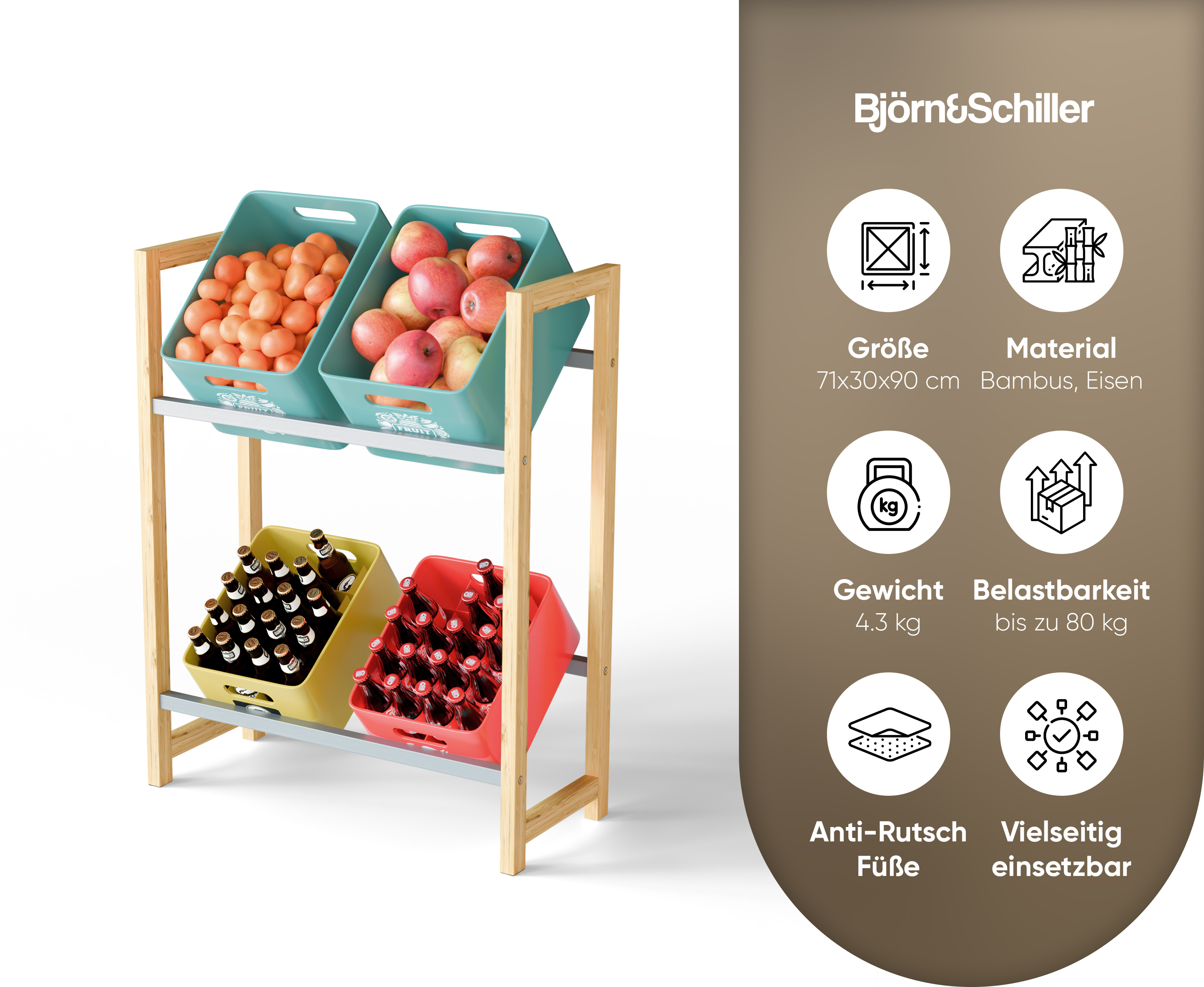 Björn&Schiller Getränkekistenregal – rutschfest Kistenständer, Regal für Getränkekisten, 4 Kisten, 71x30x90 cm, Bambus & Eisen, einfache Montage-1