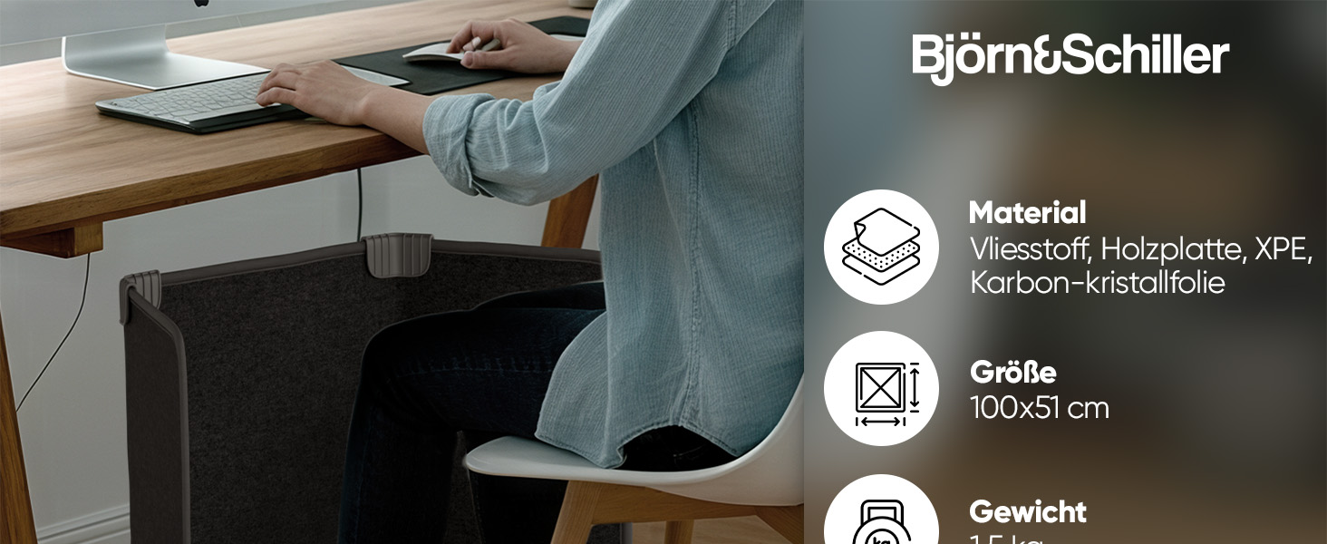 Björn&Schiller Heizpaneel 100×51×2 cm - Fußheizung Schreibtisch, Mini Infrarotheizung, Infrarot Panel, Schreibtischheizung, kompakt, grau-1