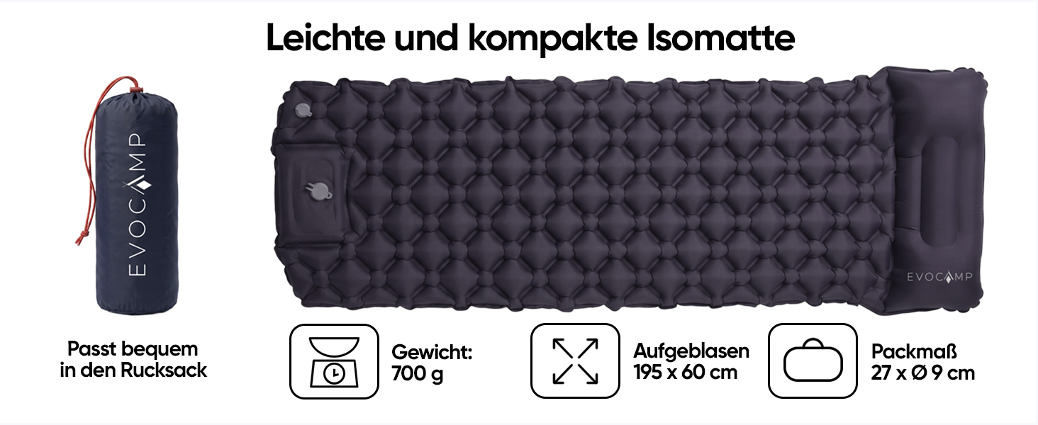 EVOCAMP Isomatte Camping ultraleicht, selbstaufblasbare Luftmatratze mit Fußpumpe & Kissen, 195x60x5 cm, Outdoor Matratze-2