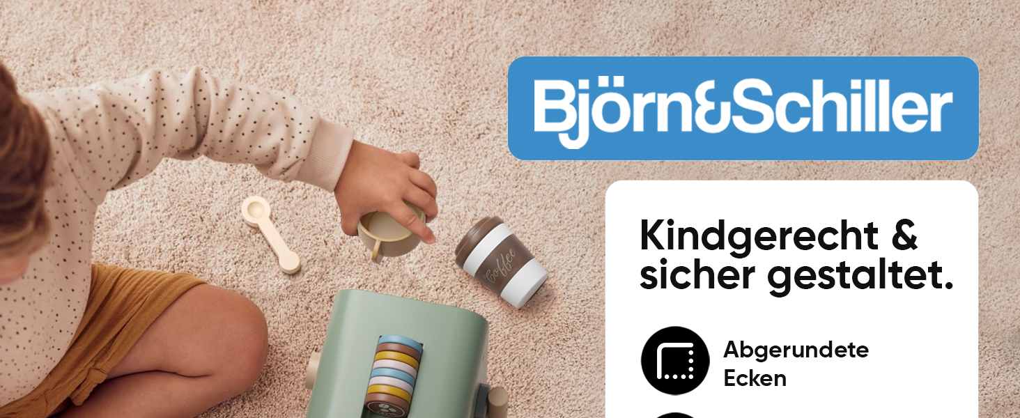 Björn&Schiller Kinder Kaffeemaschine Holz – Spielzeug Kaffeemaschine mit Zubehör, farbenfroh, fördert Kreativität und Feinmotorik, ab 3 Jahren-1