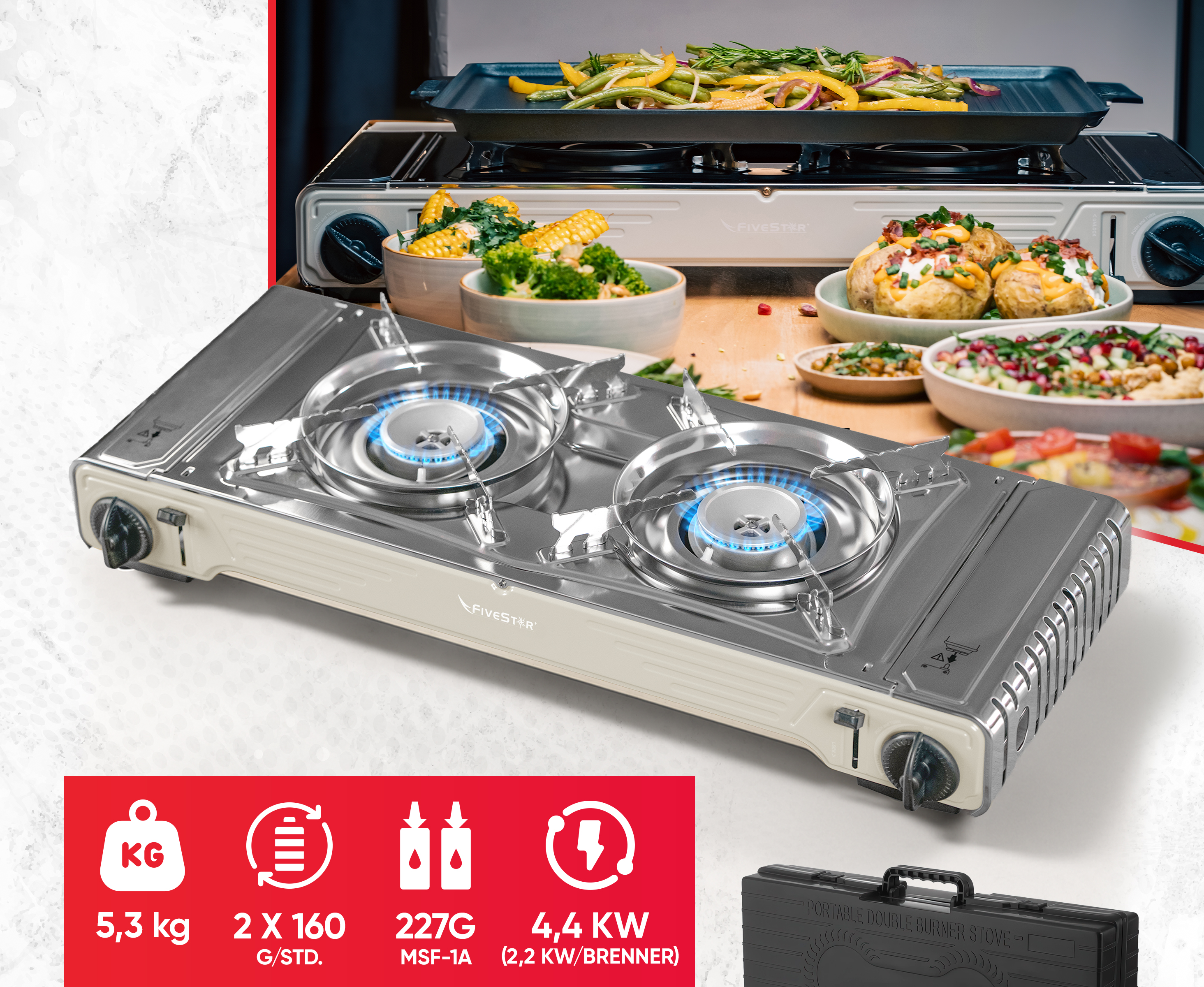 Outdoor Gaskocher Camping 2-flammig, Piezo-Zündung, kompatibel mit 227g Gaskartuschen – Leistung 2х2,2 kW – mit Transportkoffer und Grillplatte-1