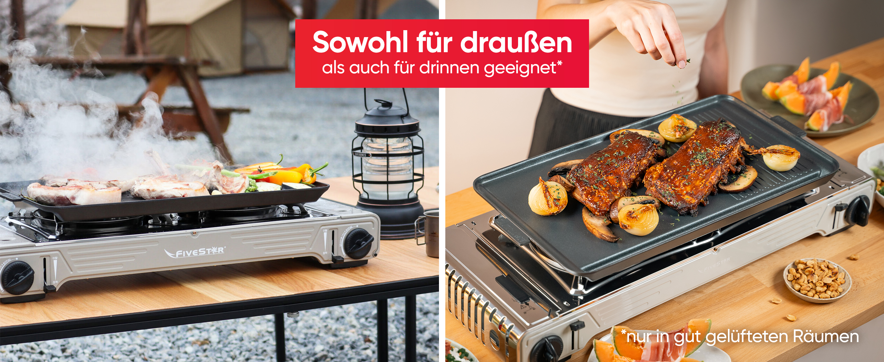 Outdoor Gaskocher Camping 2-flammig, Piezo-Zündung, kompatibel mit 227g Gaskartuschen – Leistung 2х2,2 kW – mit Transportkoffer und Grillplatte-2