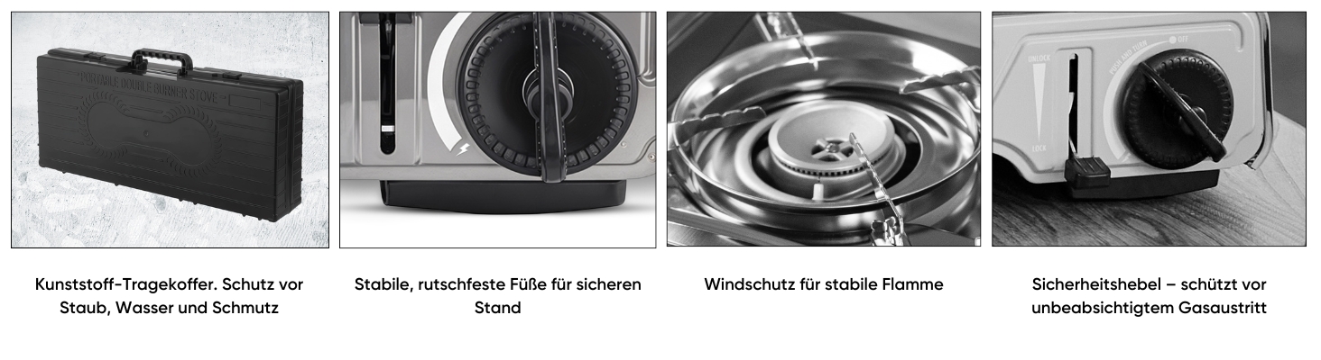 Outdoor Gaskocher Camping 2-flammig, Piezo-Zündung, kompatibel mit 227g Gaskartuschen – Leistung 2х2,2 kW – mit Transportkoffer und Grillplatte-3