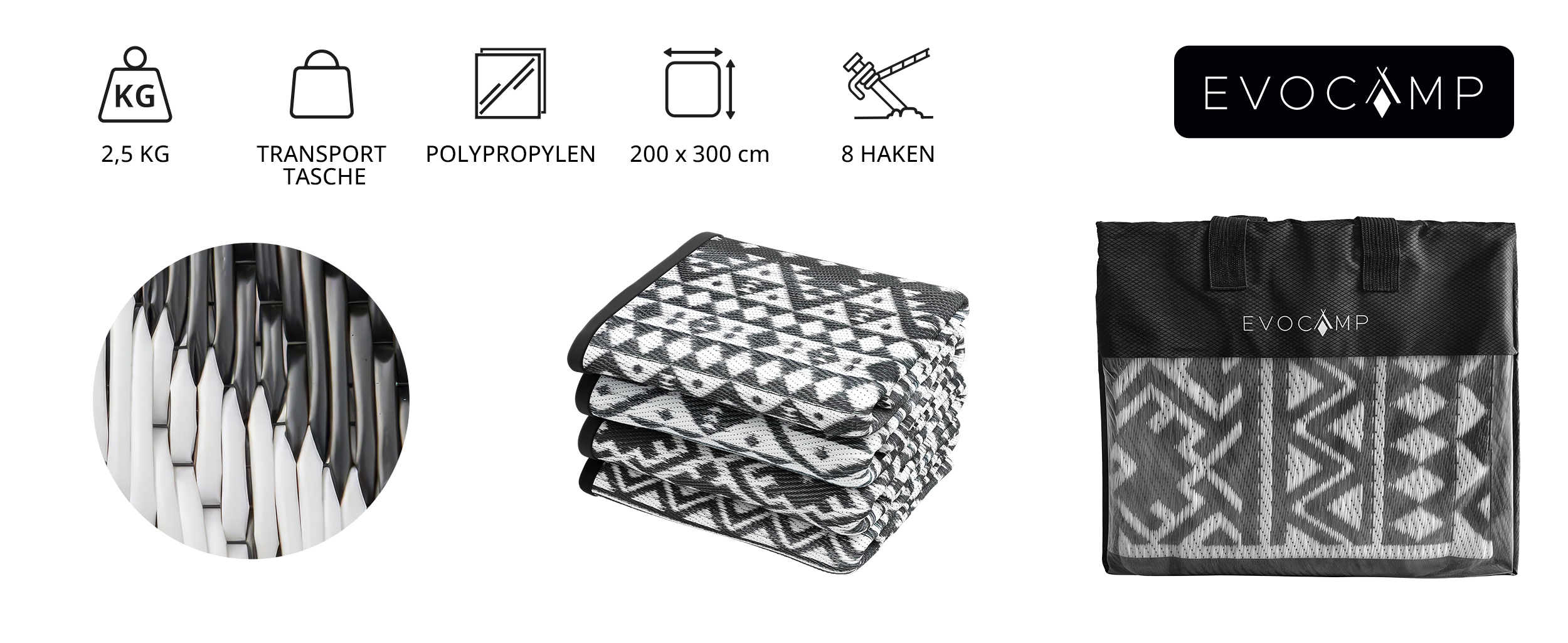 EVOCAMP Outdoor Teppich 200x300 cm Vorzeltteppich grau-weiß wetterfest und leicht - 2,3 kg, Picknickdecke für den Outdoor-Bereich, Rasenteppich aus Kunststoff-Fasern, geeignet für Terrasse und Balkon-1