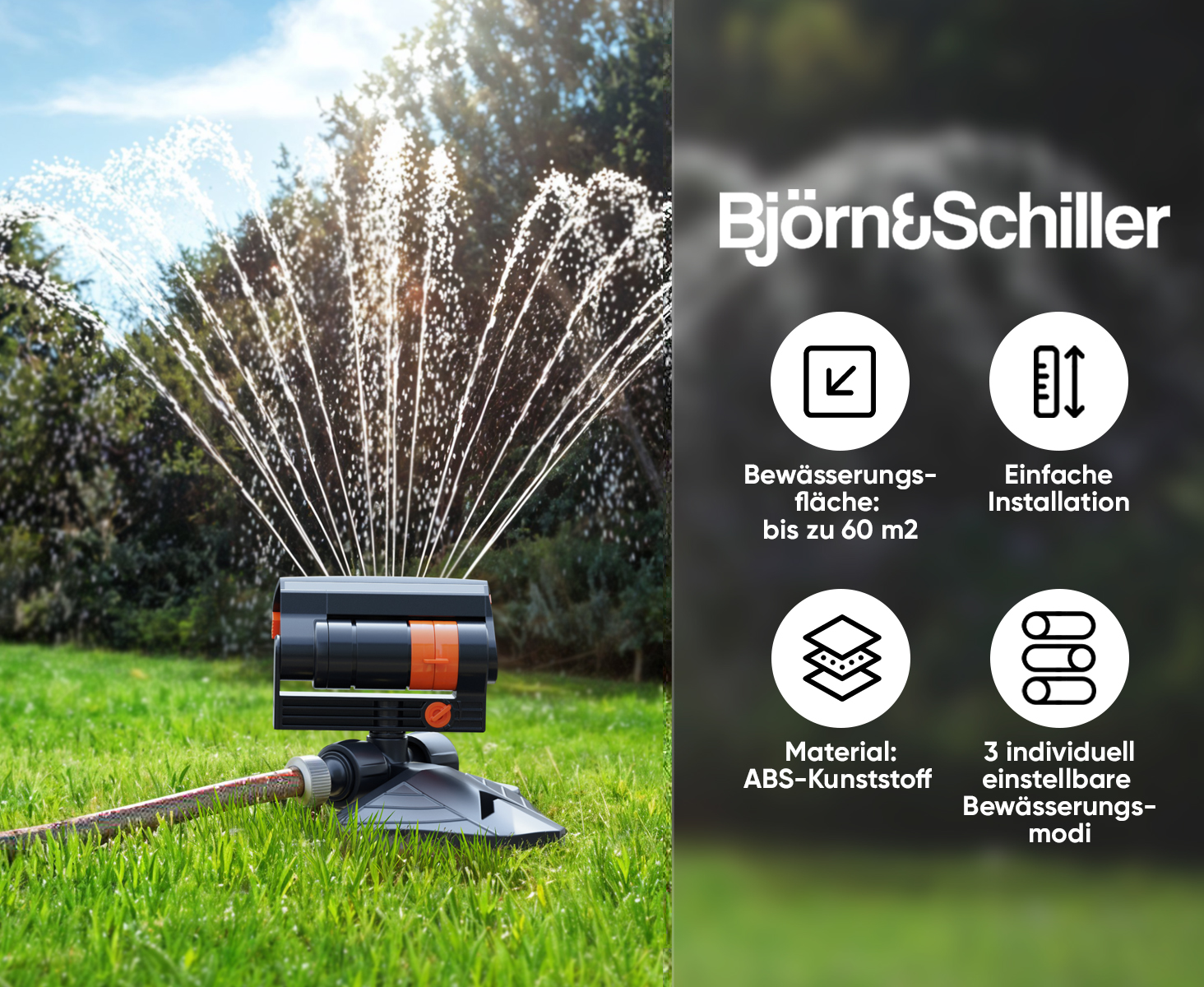 Björn&Schiller Gartensprinkler, Vierecksprinkler aus ABS, gleichmäßige Rasenbewässerung, flexibler Anschluss an bestehendes Bewässerungssystem-1