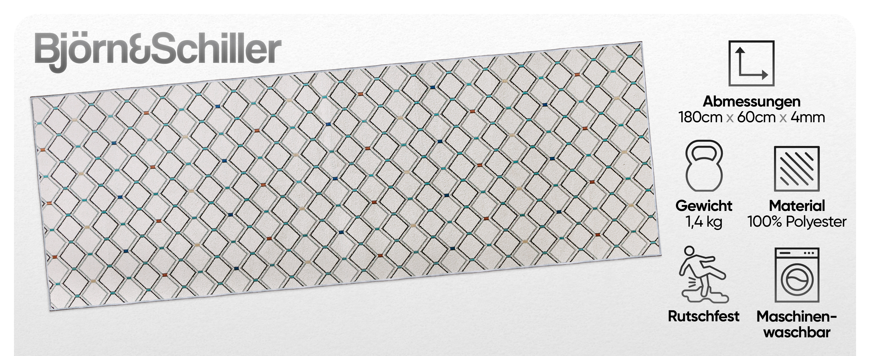 Björn&Schiller Teppichläufer 60x180 cm, rutschfester Teppich für Diele, Küche, Schlafzimmer und Wohnzimmer, moderner Flurteppich lang, hochwertiger Küchenteppich-1