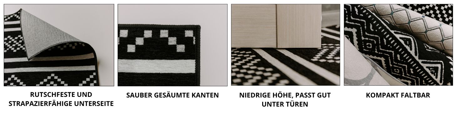 Björn&Schiller Teppichläufer 60x180 cm, rutschfester Teppich für Diele, Küche, Schlafzimmer und Wohnzimmer, moderner Flurteppich lang, hochwertiger Küchenteppich schwarz (Shadow Grid)-3