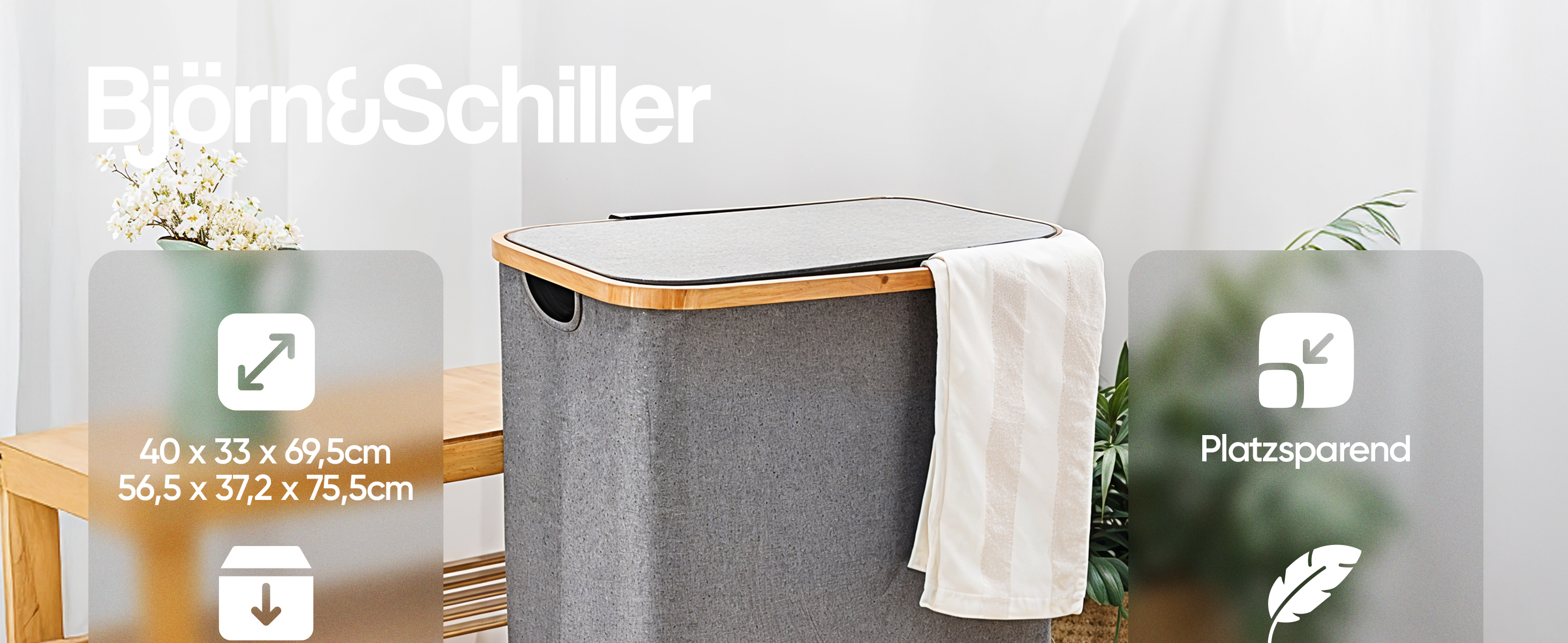 Björn&Schiller Wäschebox, schmal,hoch, Wäschesortierer, Wäschekorb, grau, Oxfordstoff, Bambusrahmen, ideal für Schlafzimmer, Badezimmer-1