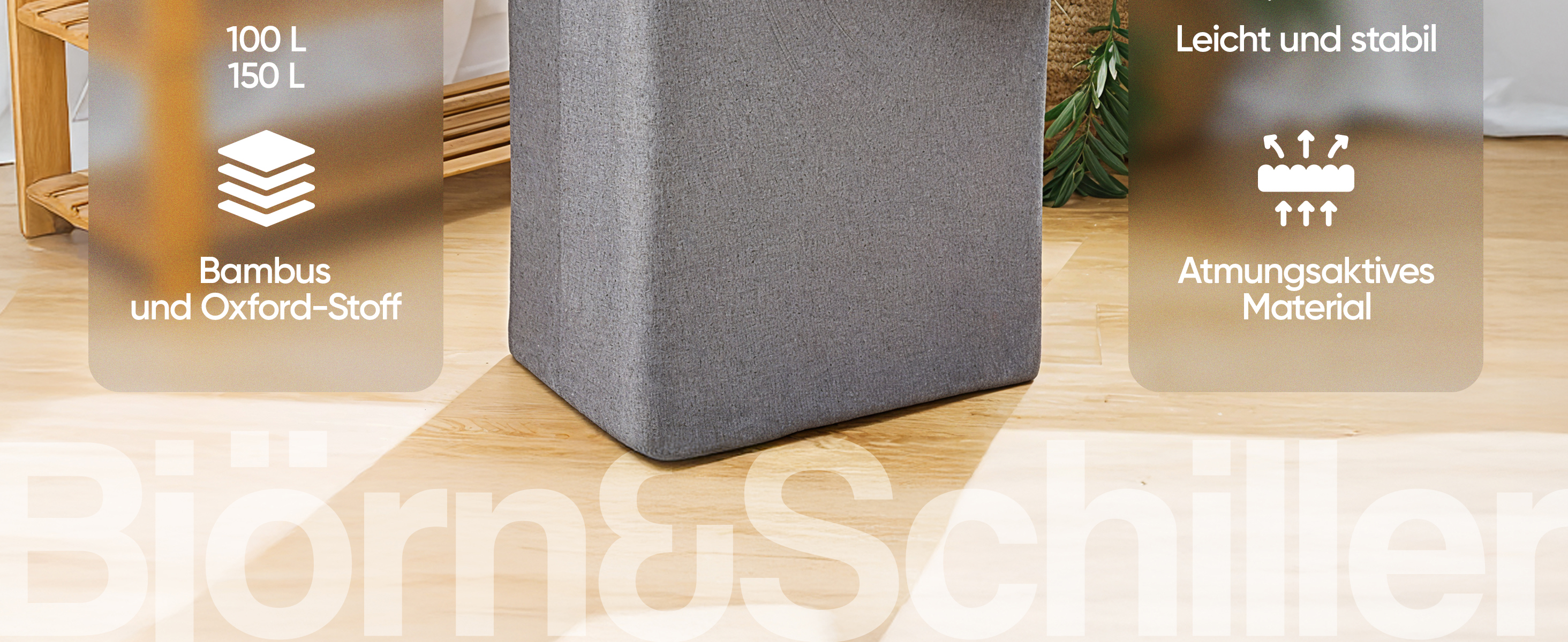 Björn&Schiller Wäschebox, schmal,hoch, Wäschesortierer, Wäschekorb, grau, Oxfordstoff, Bambusrahmen, ideal für Schlafzimmer, Badezimmer-2