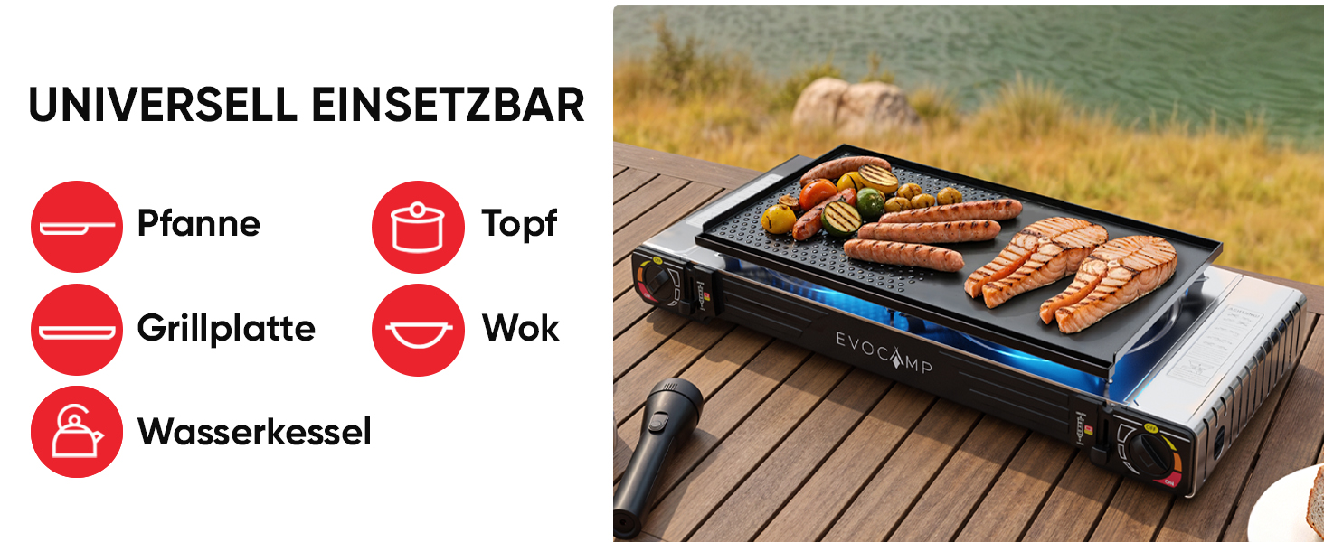 Gaskocher 2-flammig mit Piezozündung - mit Grillaufsatz Ø 32cm - Campingkocher für Gaskartuschen MSF-1a 227g - Camping Gaskocher für Campinggaz - Campingkocher 2 flammig - Campinggaskocher - Camping Herd mit Grillplatte ohne Gaskartuschen-5